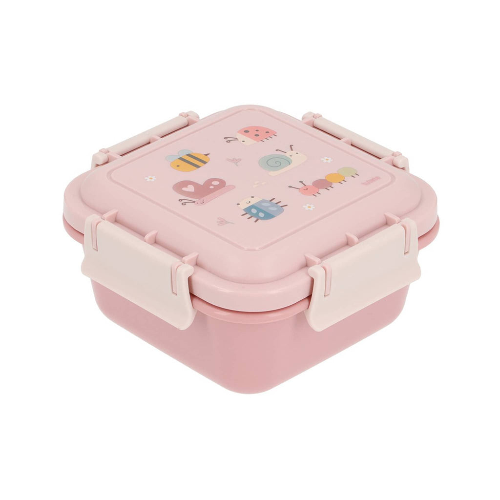 Pink square kids lunch box with bug designs on the lid, front angle on a white background.