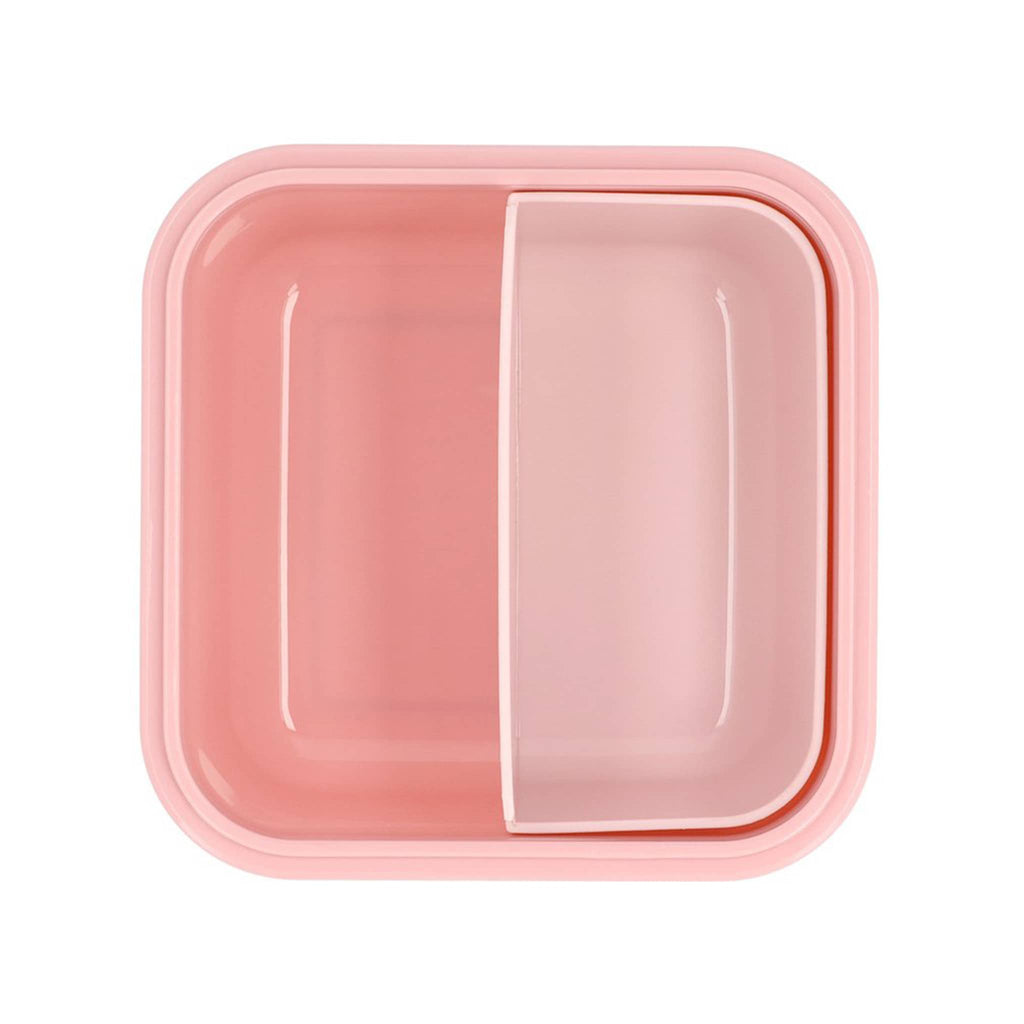 Pink square kids lunch box, overhead view with insert on a white background.