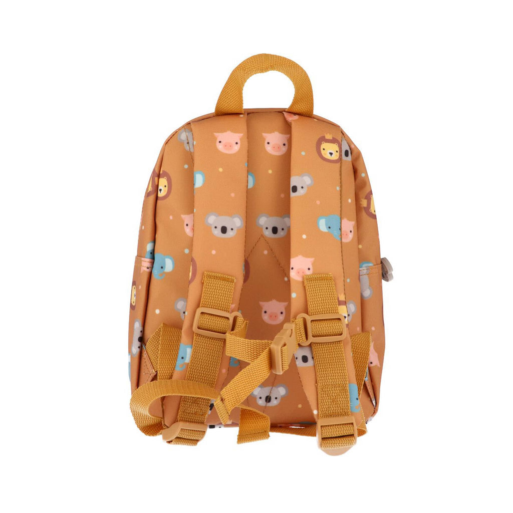 Mustard yellow backpack with koala, lion, elephant and pig illustrations, back view on a white background.