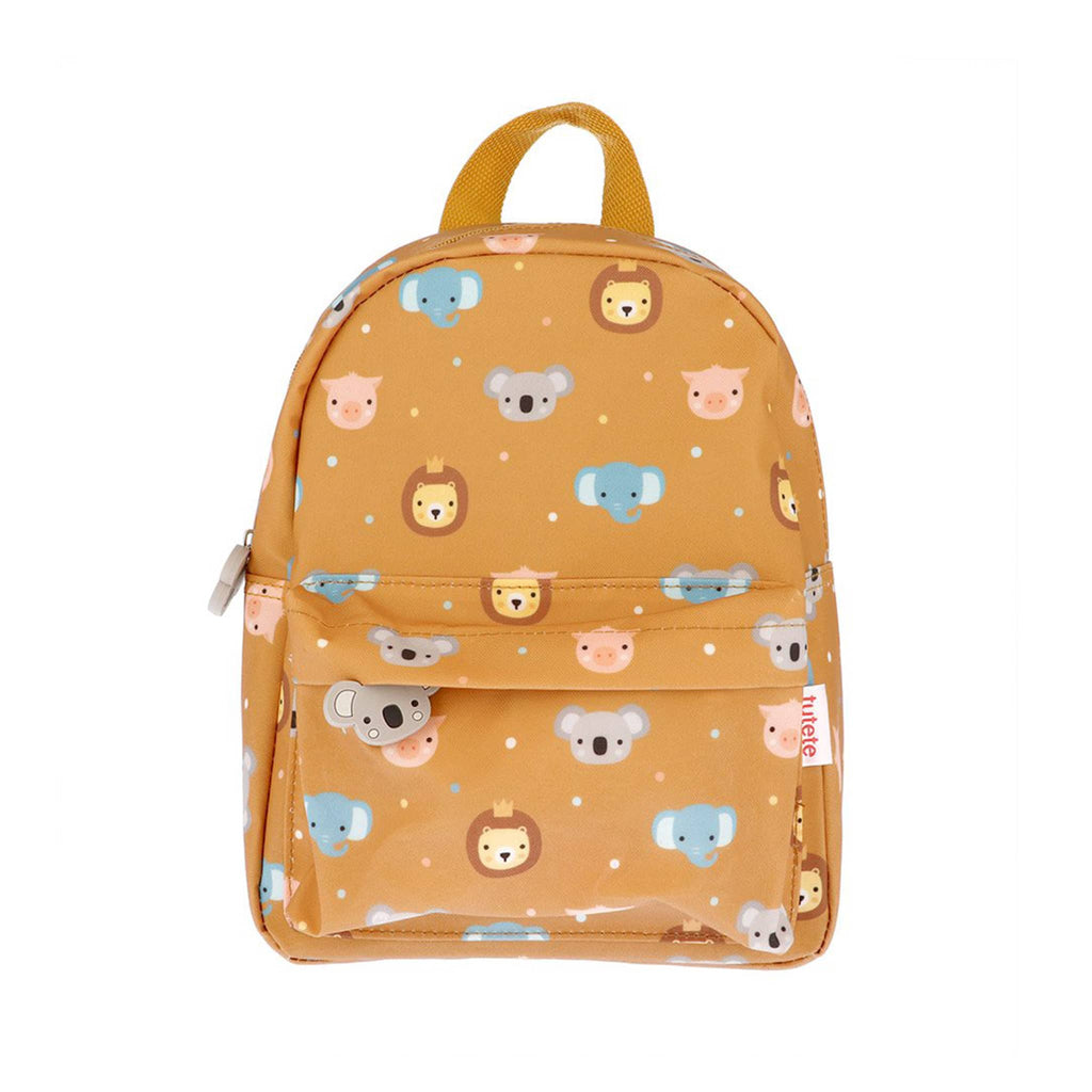 Mustard yellow backpack with koala, lion, elephant and pig illustrations, front view on a white background.