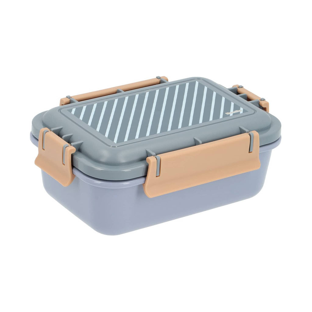 Blue kids bento lunch box with striped lid and beige handles, front angle on a white background.