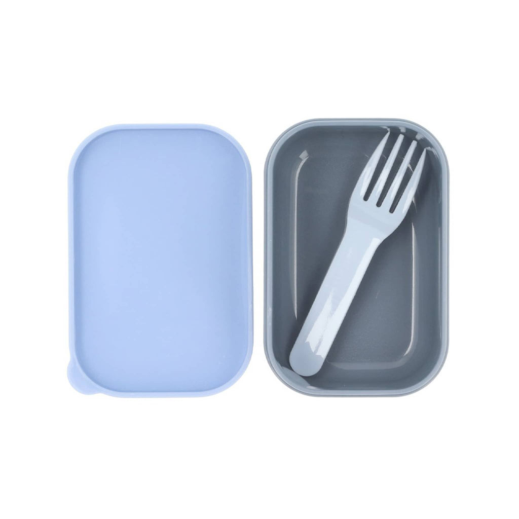 Blue kids bento lunch box, small inner box, lid off with fork inside, overhead view on a white background.