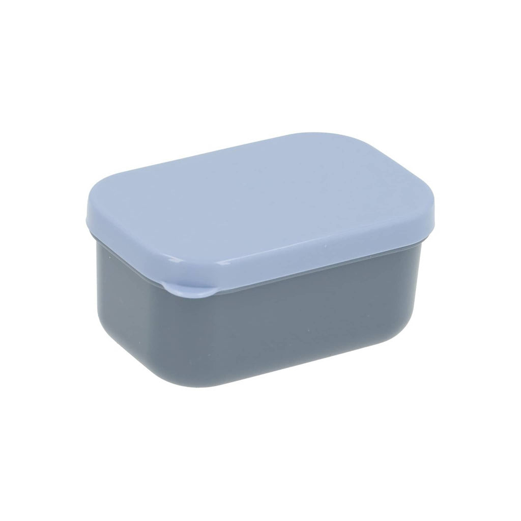 Blue kids bento lunch box, inner small box with lid, front angle on a white background.