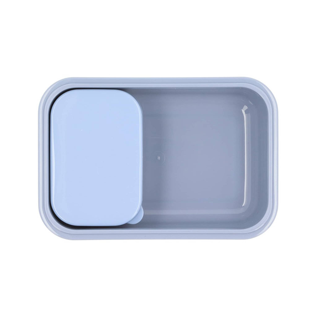 Blue kids bento lunch box, inner small box with lid nestled into larger outer box, overhead view on a white background.