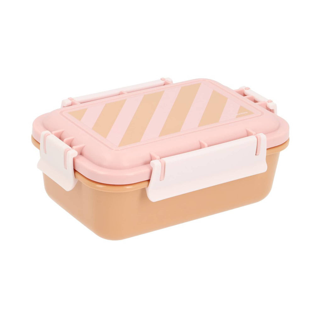 Pink and beige kids bento lunch box with striped lid and pink handles, front angle on a white background.