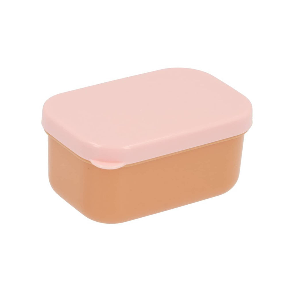 Pink and beige kids bento lunch box, inner small box with lid, front angle on a white background.