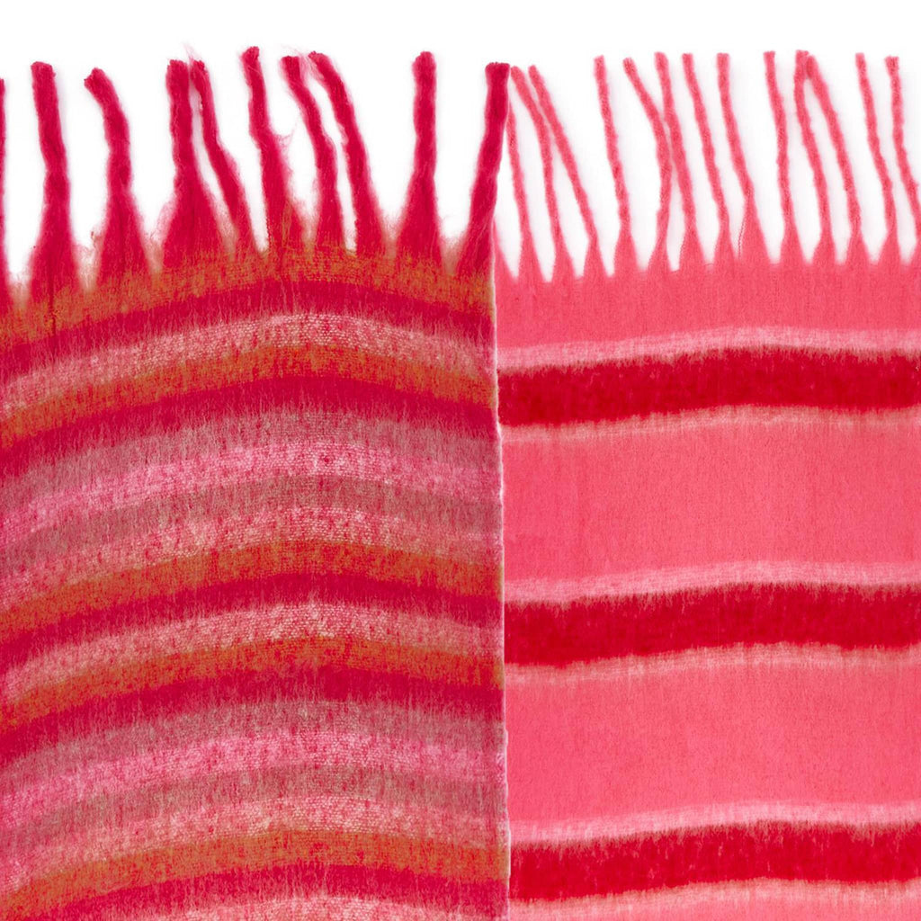 Two's Company red and pink striped winter scarf with fringe, 2 style options shown, detail.