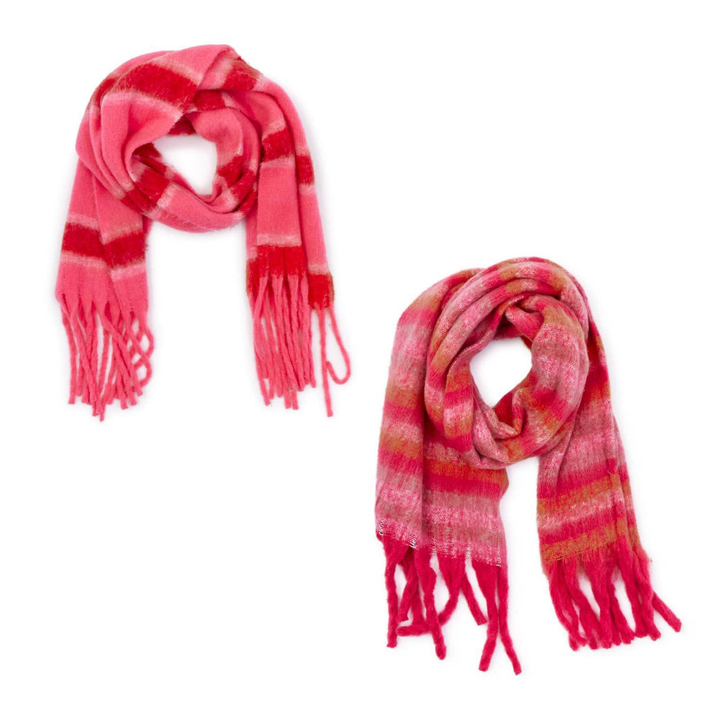 Two's Company red and pink striped winter scarf with fringe, 2 style options shown, coiled.