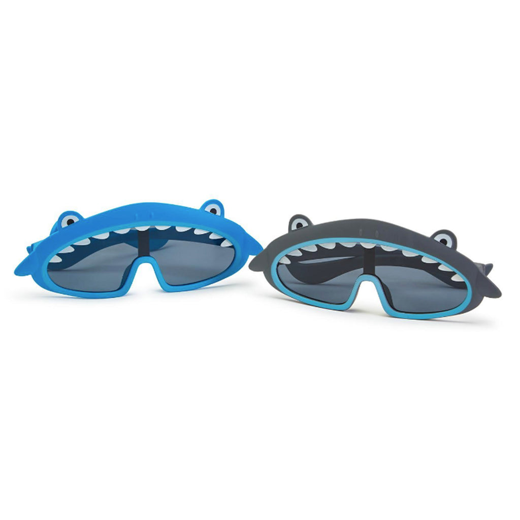 Cupcakes & Cartwheels Jaw-some kids shark sunglasses with gray or blue frames, front view.