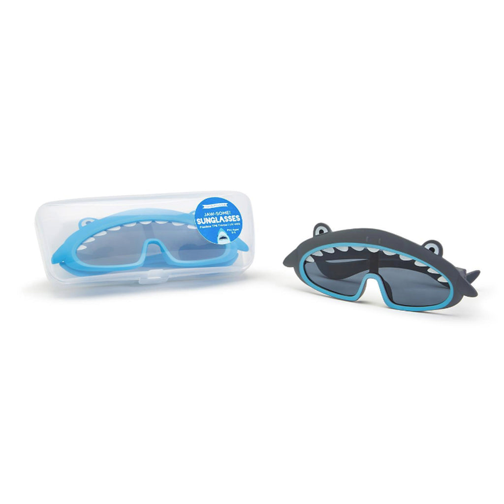 Cupcakes & Cartwheels Jaw-some kids shark sunglasses with gray or blue frames, the blue pair are in a clear plastic case.