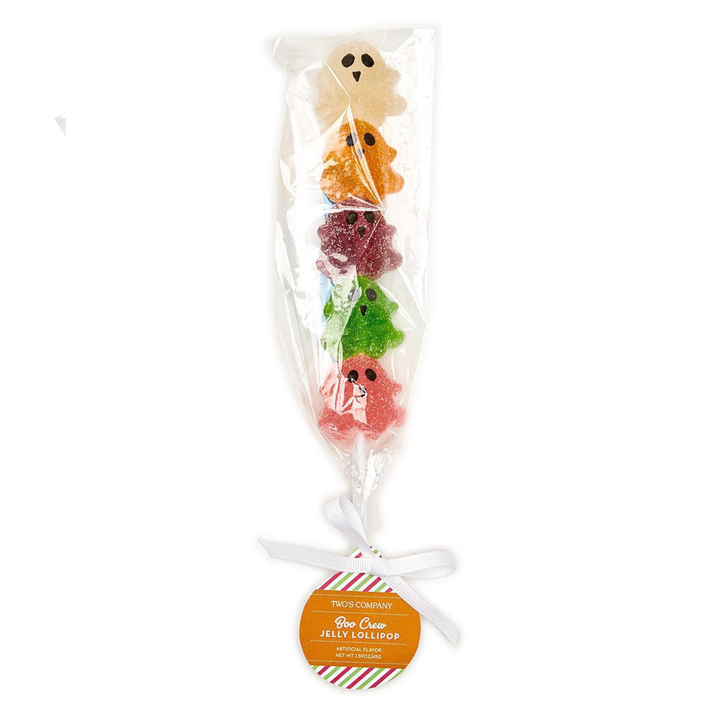 Two's Company Boo Crew fruit-flavored ghost shaped jellies stacked on a white plastic stick in cello packaging.