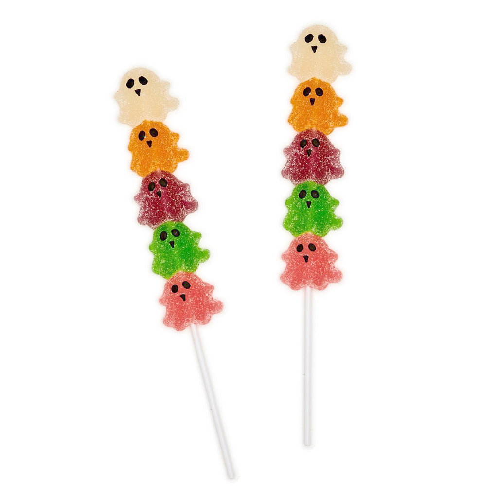 Two's Company Boo Crew fruit-flavored ghost shaped jellies stacked on a white plastic stick, 2 sticks are shown.