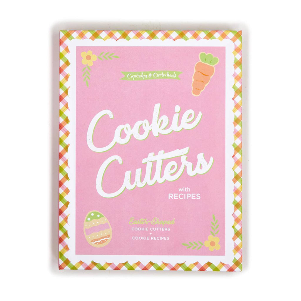Two's Company Easter Cookie Cutters with recipes in pink illustrated book box packaging, front view.