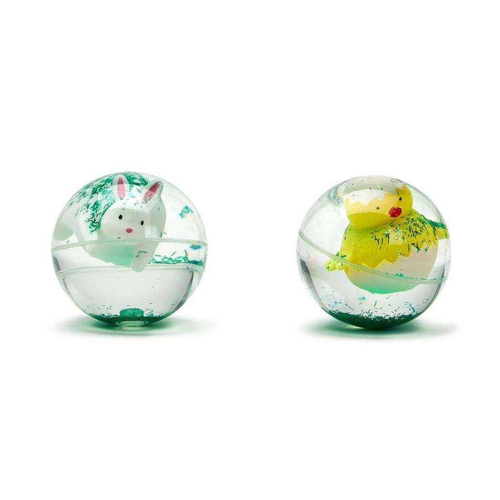 Two's Company clear bouncing balls with green glitter, a chick or bunny and an LED light.