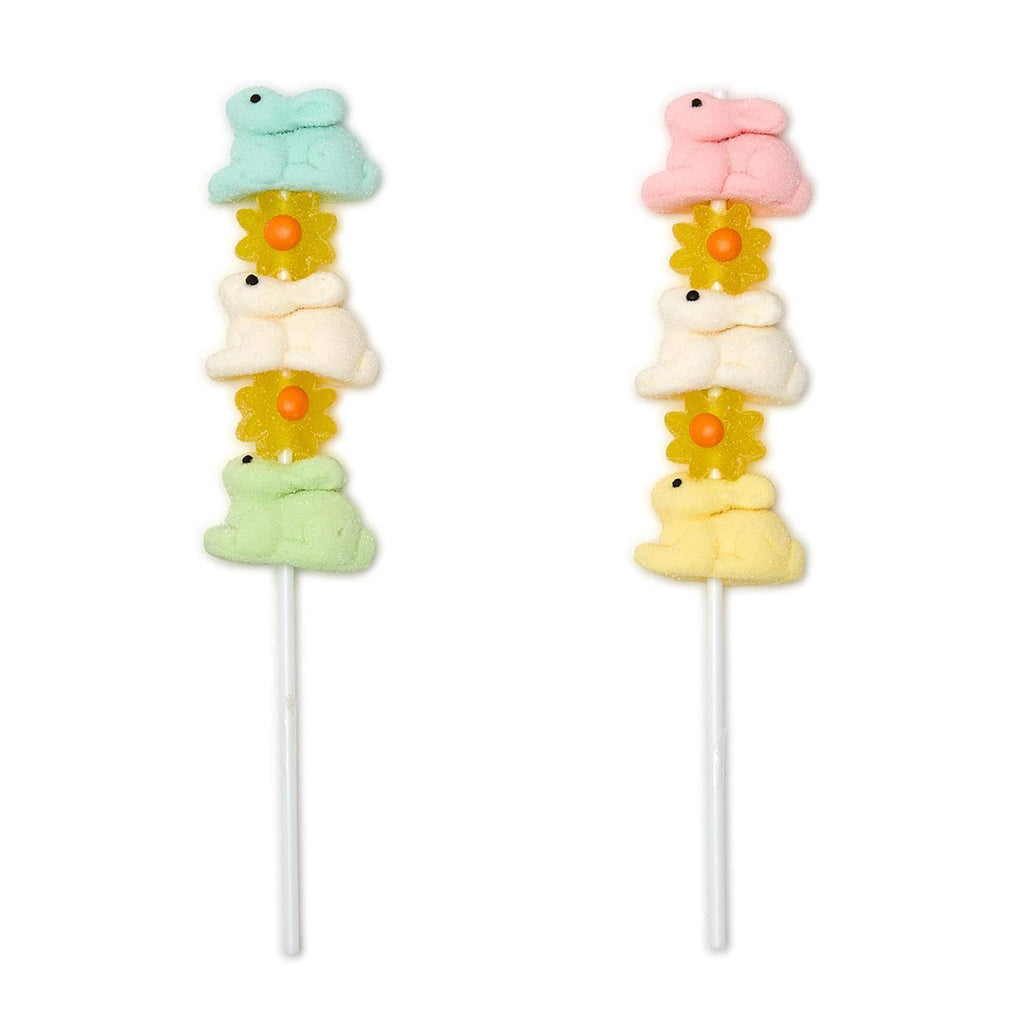 Two's Company Bunny Hop Stacker Lollipop with colorful marshmallow bunnies and yellow jelly daisies, 2 styles.