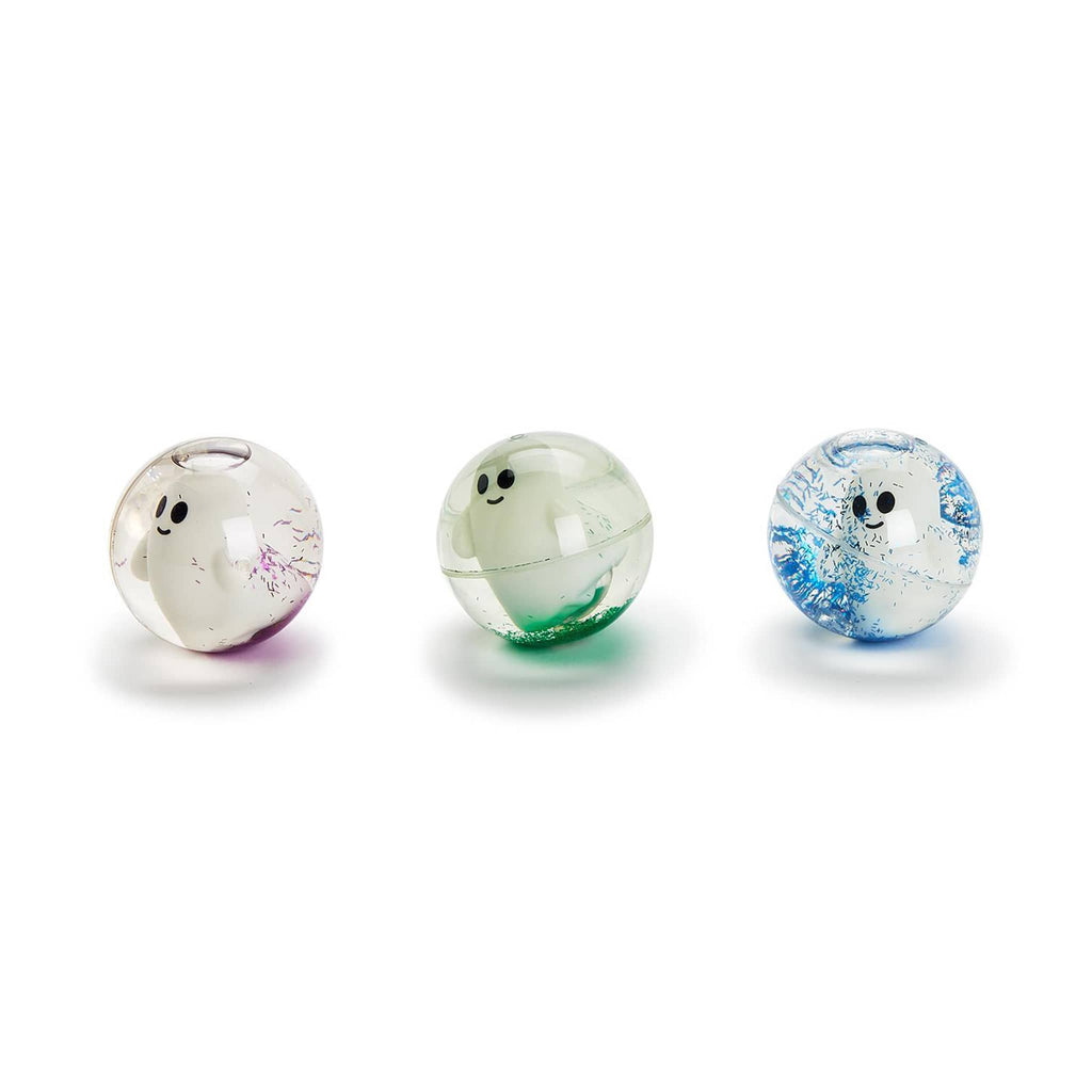 Two's Company Glow in the Dark Ghost LED Bouncing Ball with glitter in purple, green and blue.