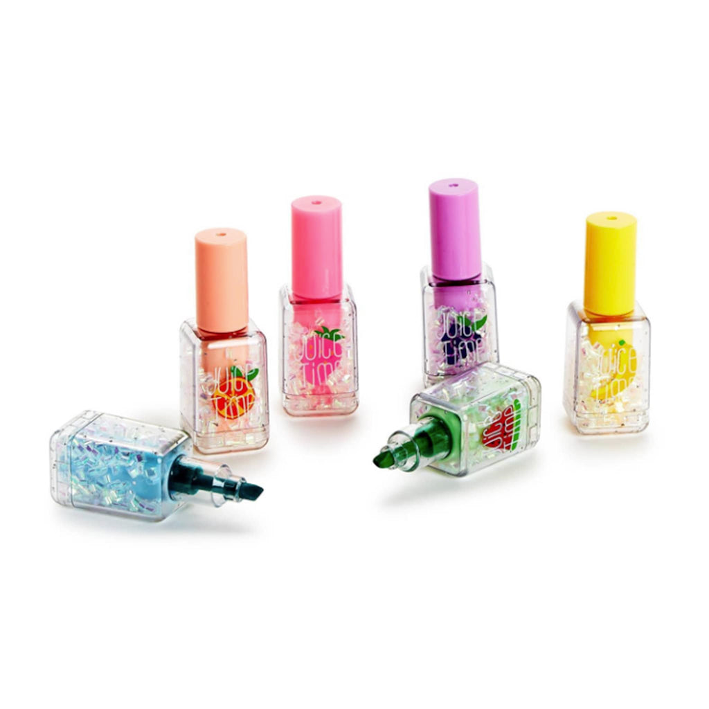 Two's Company Nail Polish Highlighter Pen in bottles that look like nail polish, 6 colors, caps off of 2 to show nib.