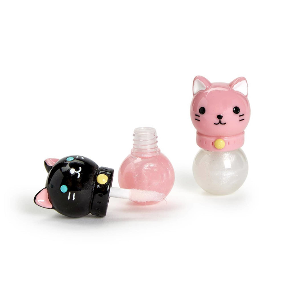 Two's Company Shimmering Cat Lip Gloss in pink or white with black or pink cat head, one has cap off to show doe foot applicator.