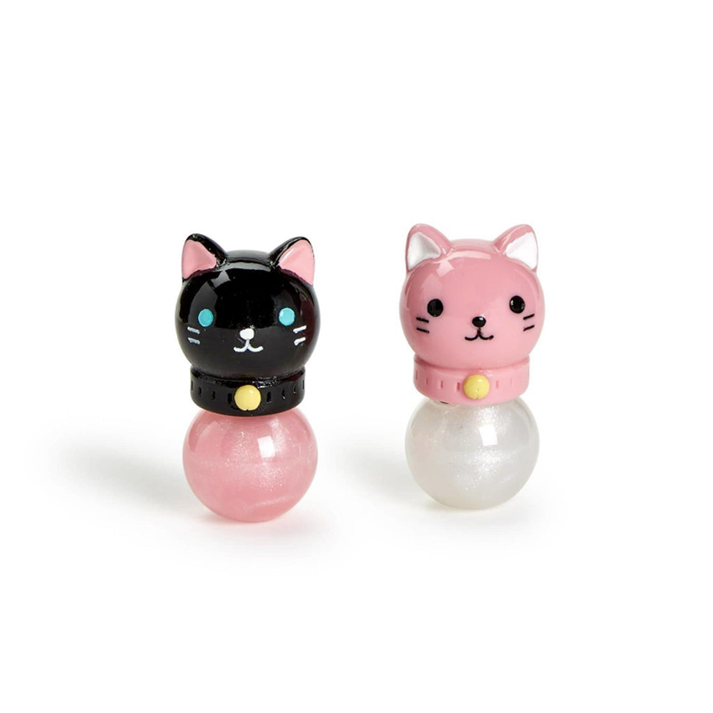 Two's Company Shimmering Cat Lip Gloss in pink or white with black or pink cat head as the cap.