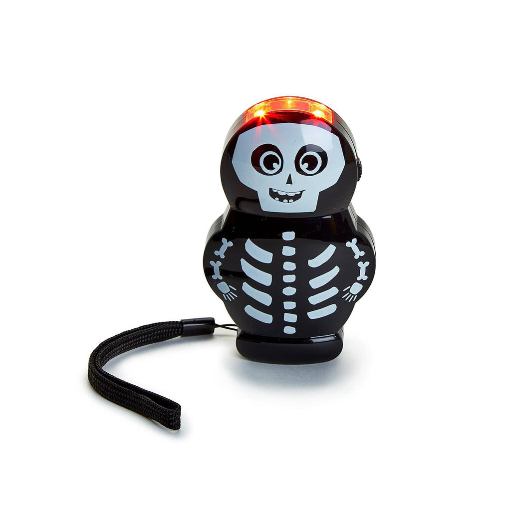 Two's Company Spooky Sounds Skeleton Safety Light flashlight, front view with light on.