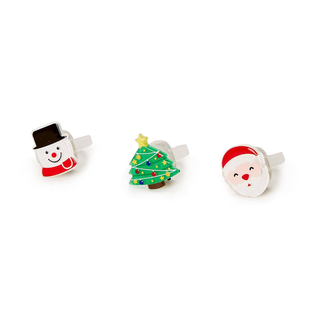 Two's Company Flashing Light Up Holiday plastic novelty adjustable ring in 3 styles: snowman, christmas tree and santa.