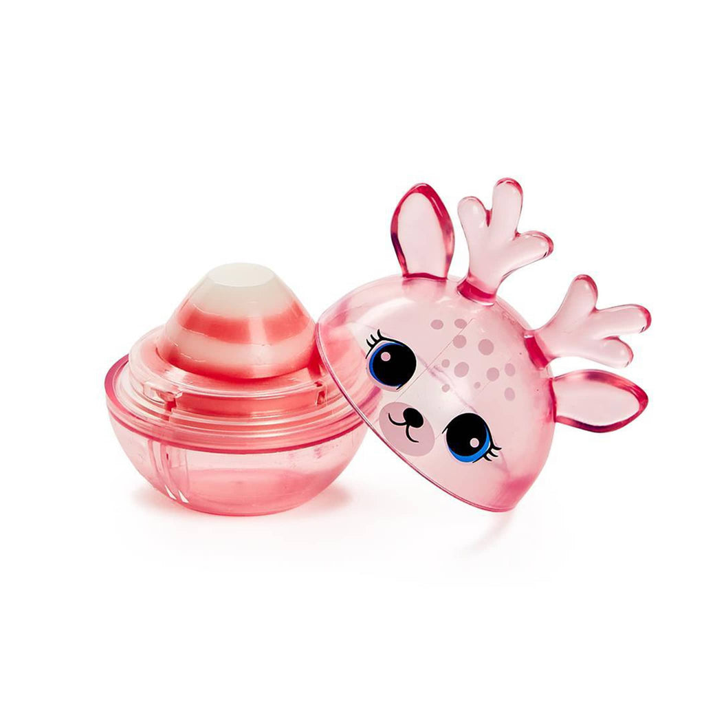 Two's Company vanilla marshmallow scented lip balm in pink reindeer packaging, top off.