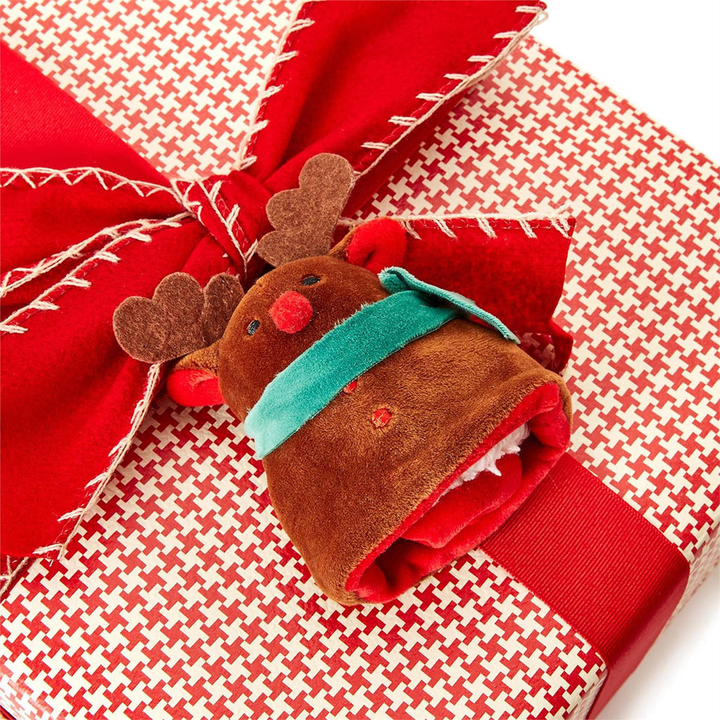 Two's Company holiday surprise 2 in 1 plush toys, reindeer shown attached to a gift bow.