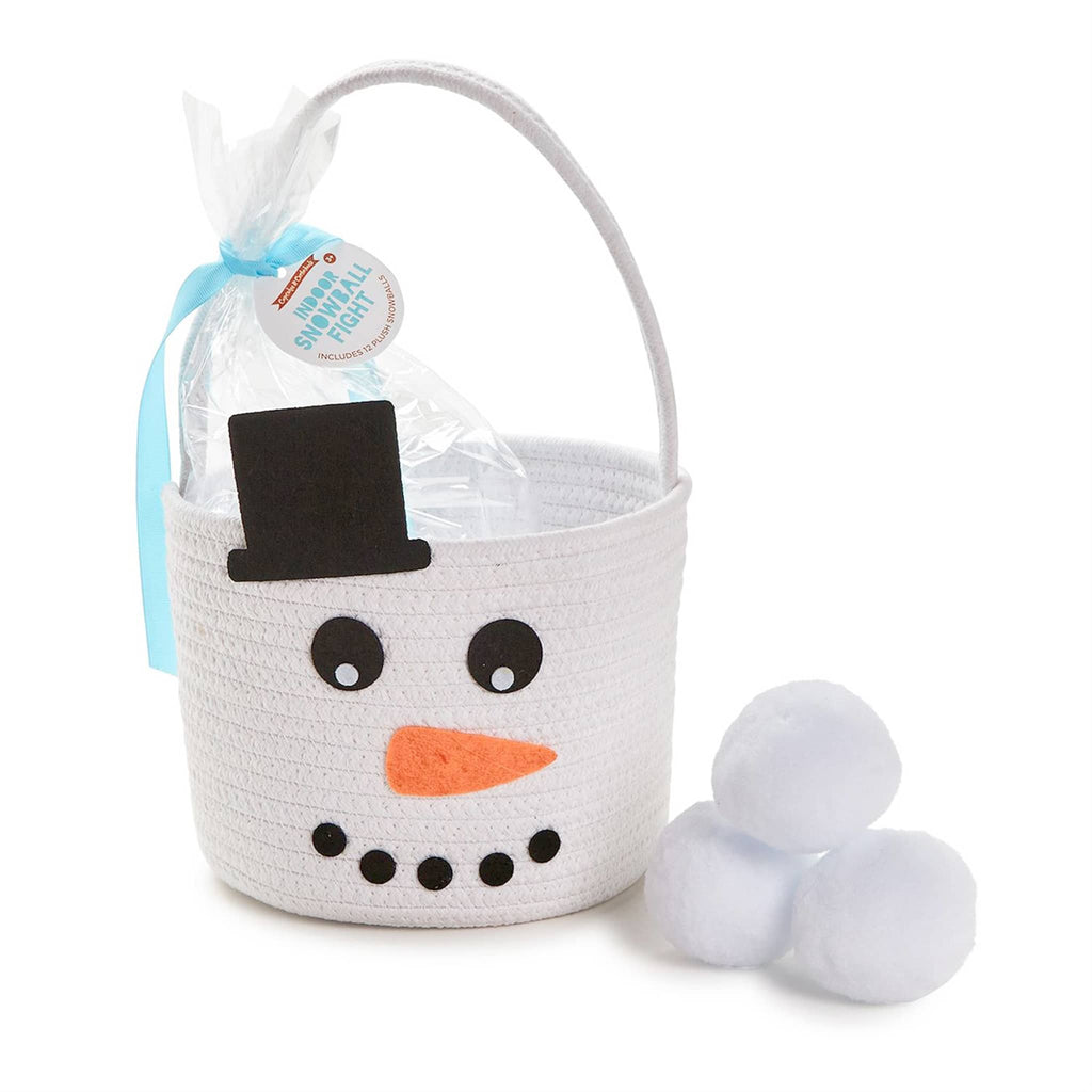 Two's Company soft woven snowman basket with plush snowballs beside it.