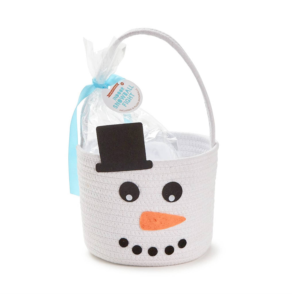 Two's Company soft woven snowman basket with plush snowballs inside.