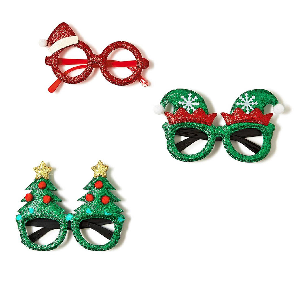 Two's Company Festive Fun glitter holiday novelty glasses in 3 styles: red santa, green elf and green christmas tree.