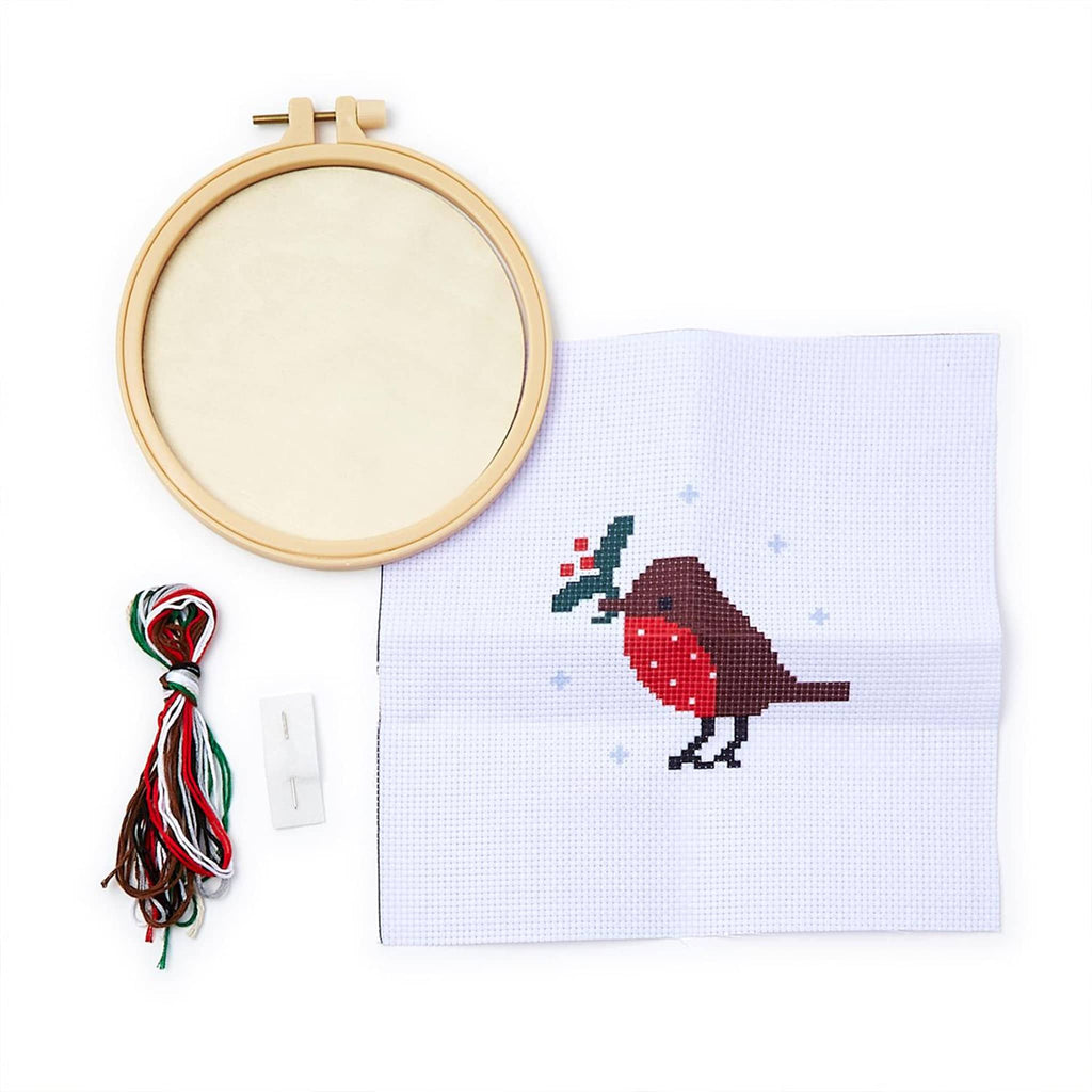 Two's Company Santa's Friends Cross Stitch Kit, bird with holly kit contents.