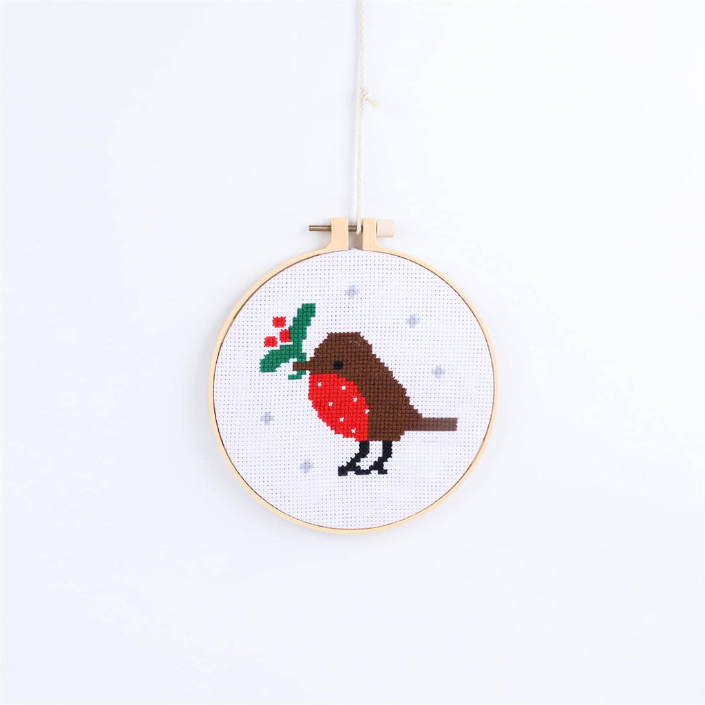 Two's Company Santa's Friends Cross Stitch Kit, bird with holly kit finished project.