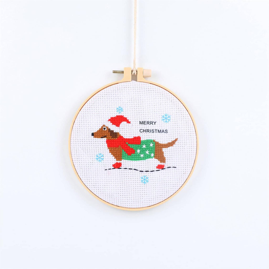 Two's Company Santa's Friends Cross Stitch Kit, dog with sweater kit finished project.