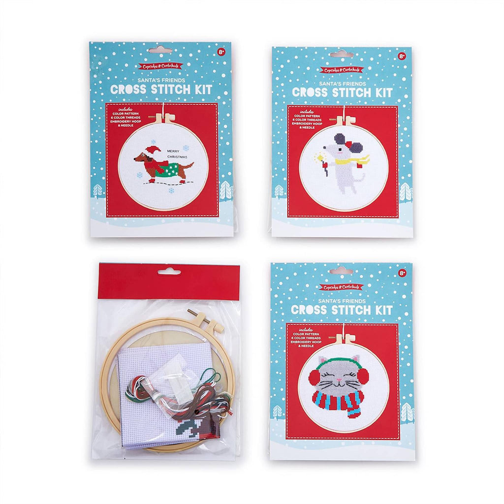 Two's Company Santa's Friends Cross Stitch Kits in 4 styles, front of packaging, one showing the back.