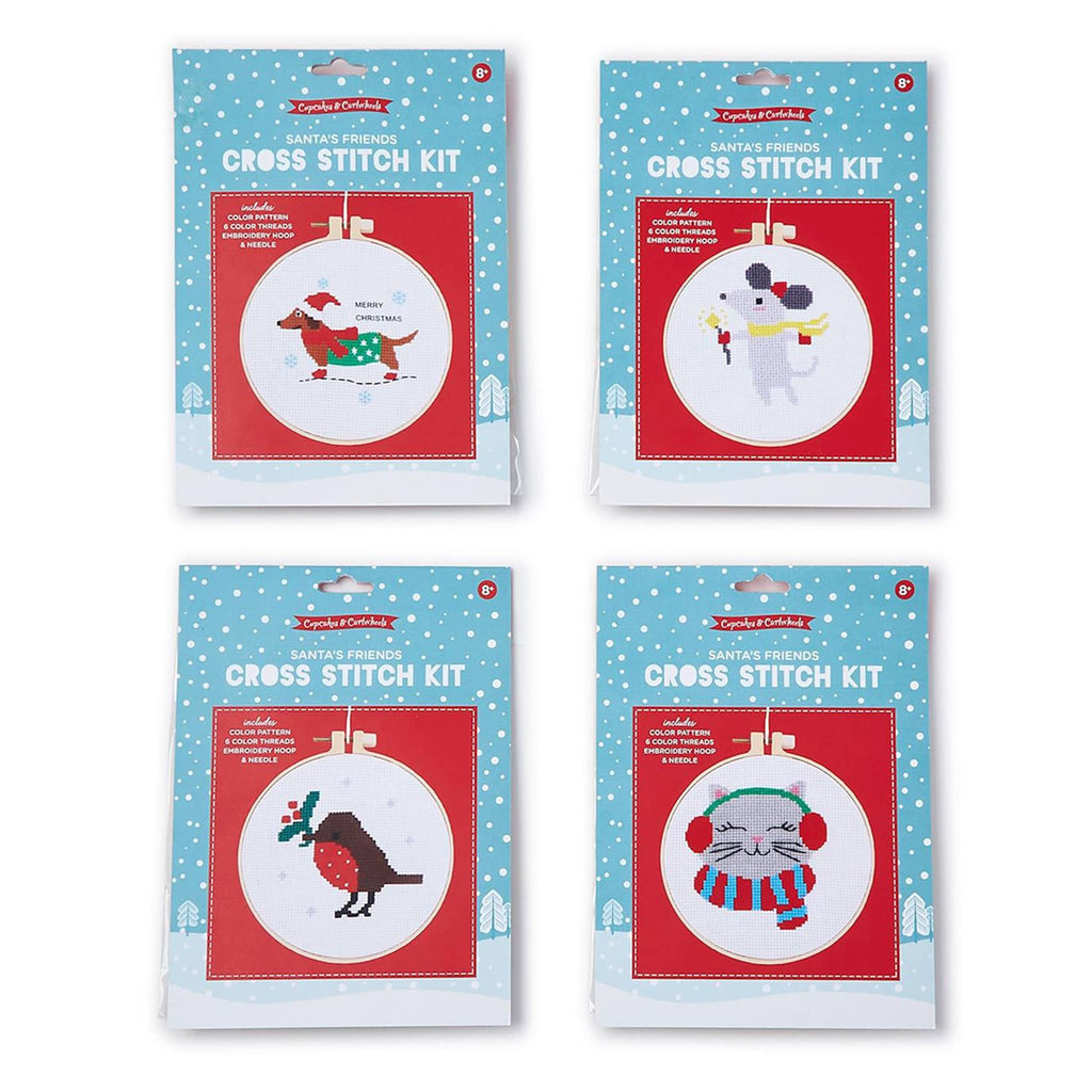 Two's Company Santa's Friends Cross Stitch Kits in 4 styles, front of packaging.