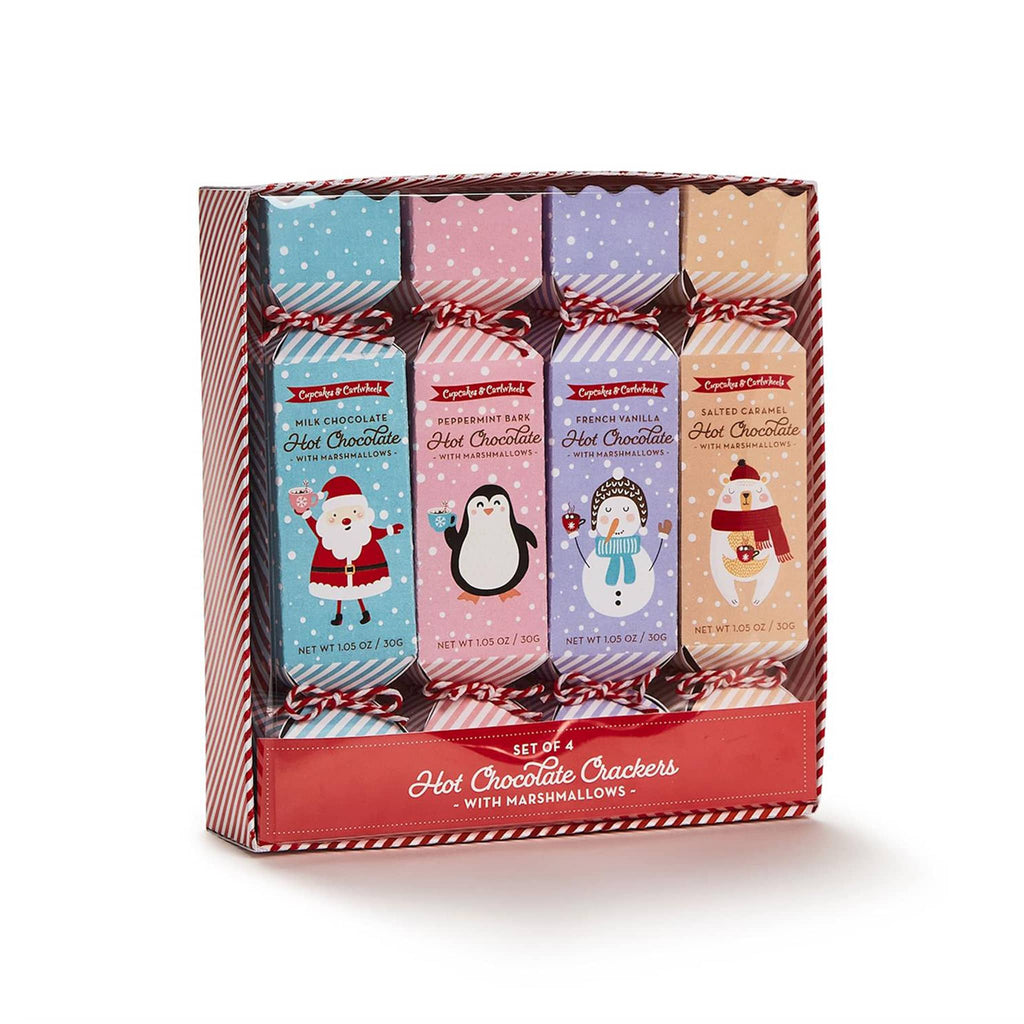 Two's Company flavored hot chocolate with mini marshmallows packed in pastel party crackers, shown in candy cane striped box packaging, front angle view.