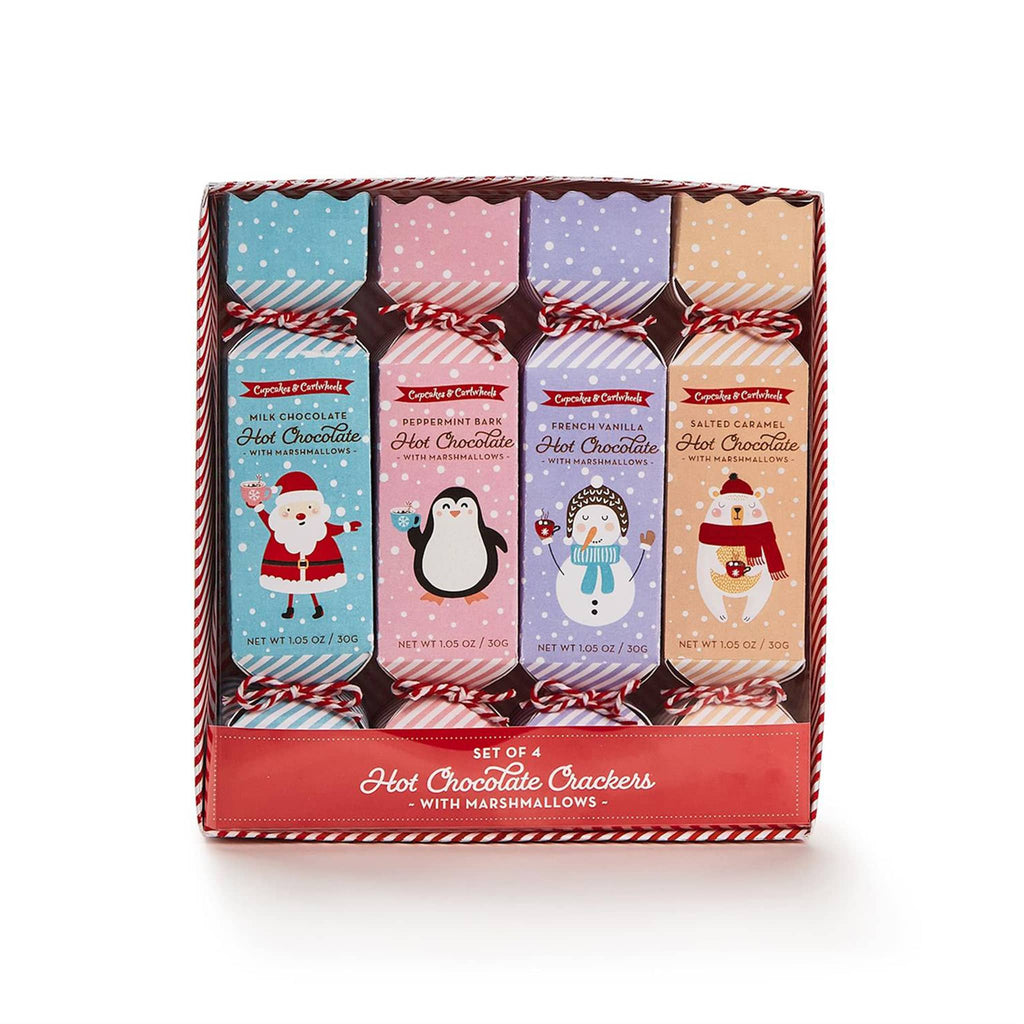 Two's Company flavored hot chocolate with mini marshmallows packed in pastel party crackers, shown in candy cane striped box packaging, front view.