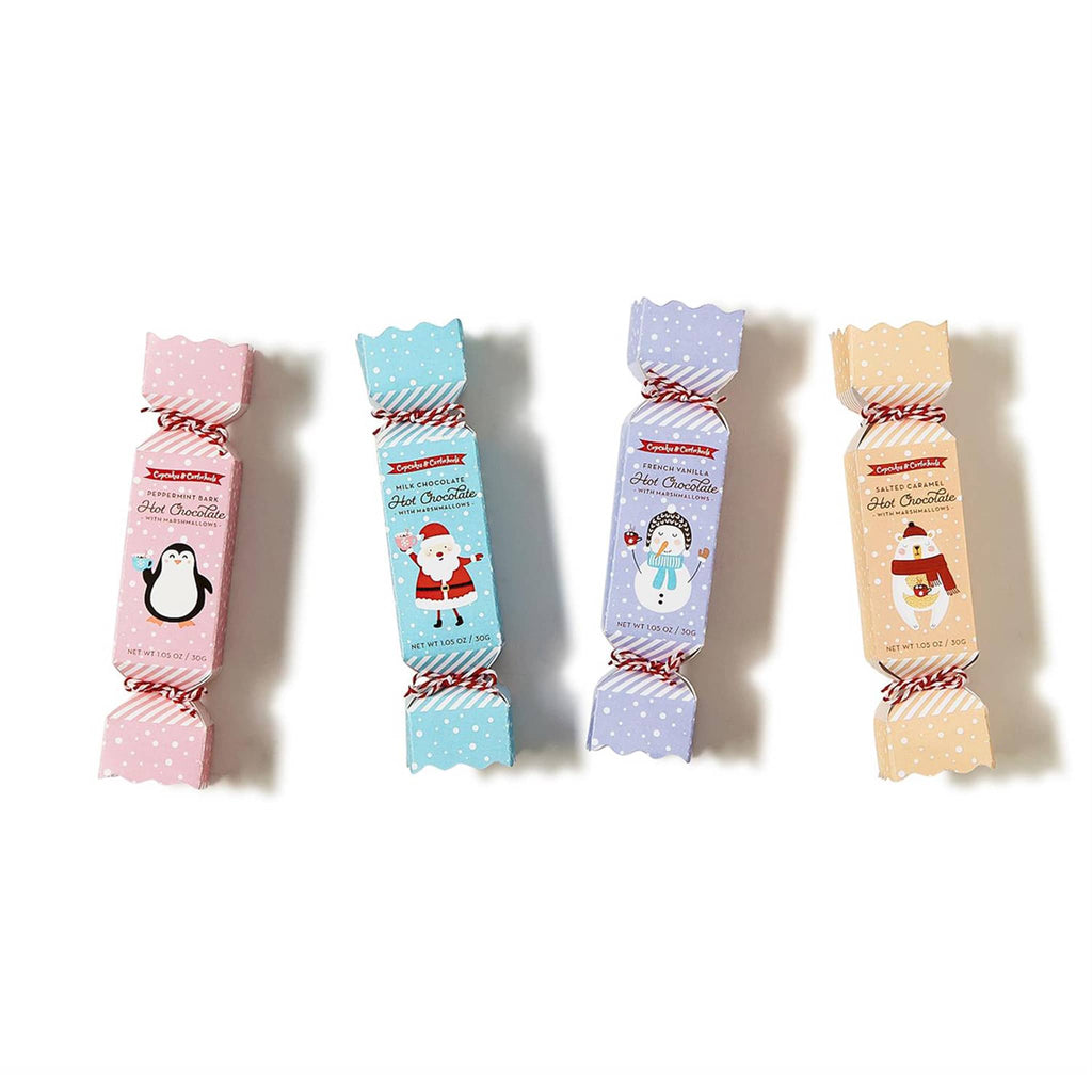 Two's Company flavored hot chocolate with mini marshmallows packed in pastel party crackers, set of 4.