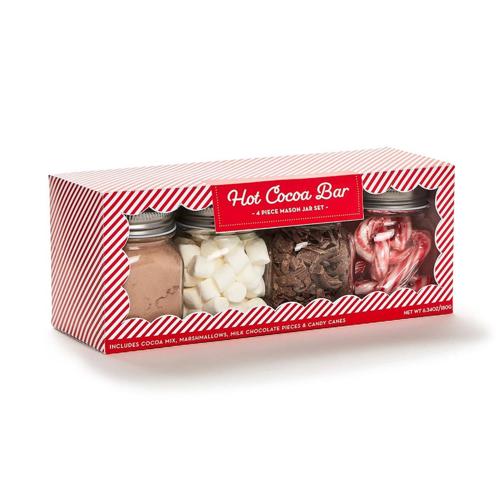 Two's Company 4 Piece Hot Cocoa Bar Kit in mason jars gift set in candy cane striped box packaging, front angle view.