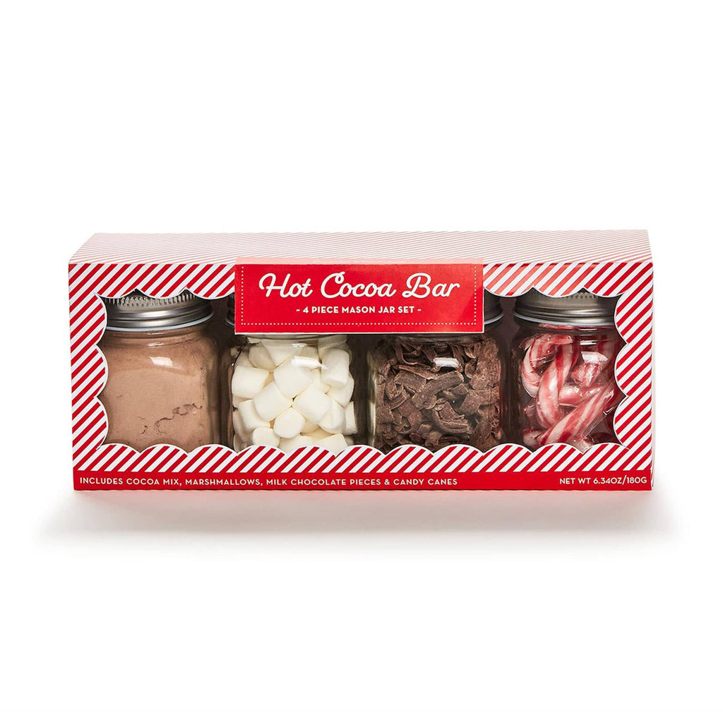 Two's Company 4 Piece Hot Cocoa Bar Kit in mason jars gift set in candy cane striped box packaging, front view.