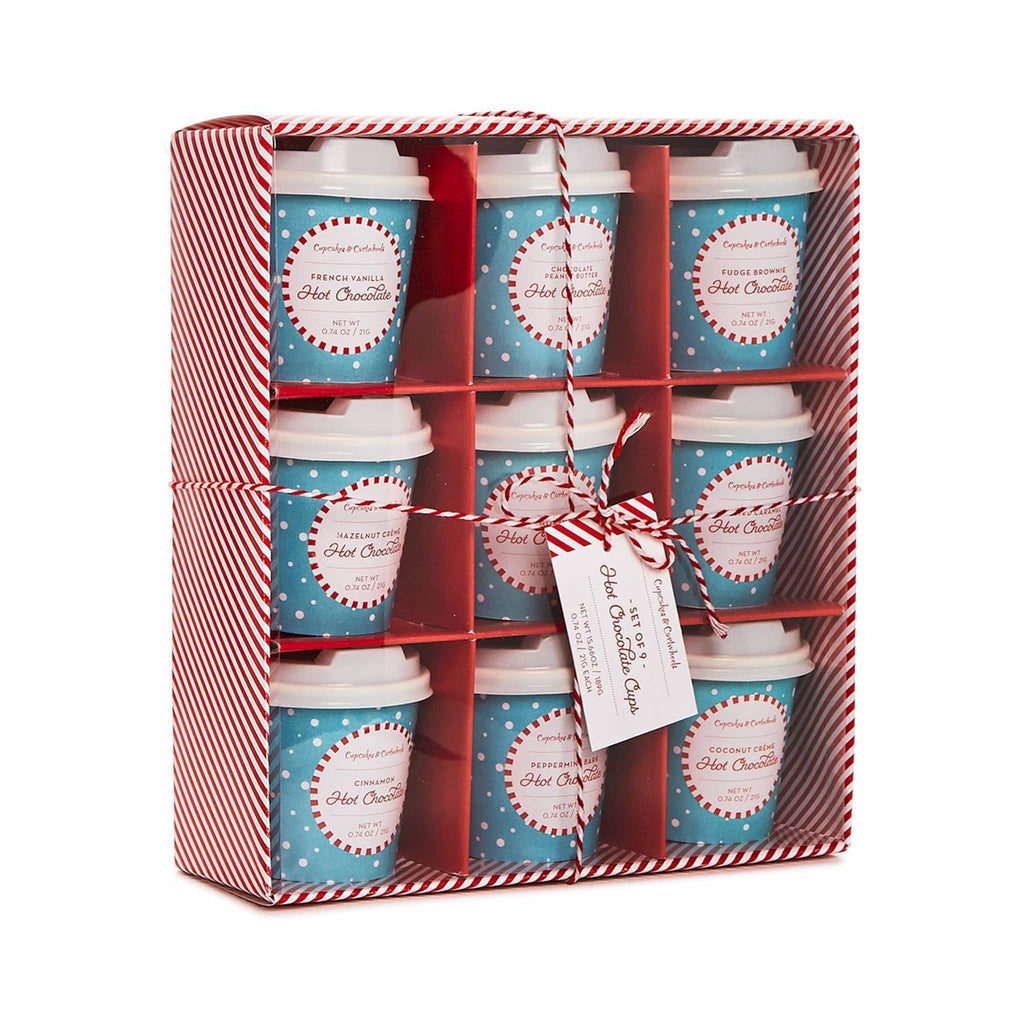 Two's Company Holiday Hot Chocolate Cups gift set in candy cane striped box packaging, front angle view.