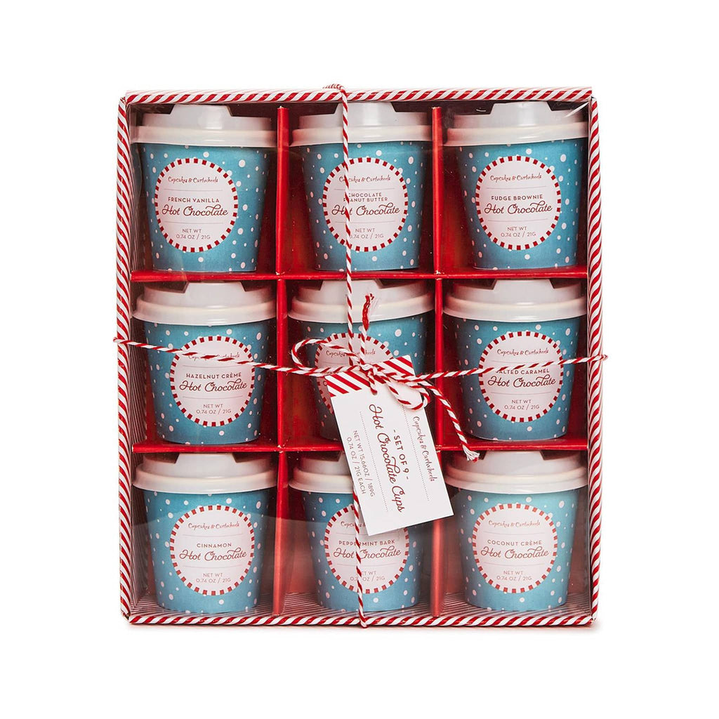 Two's Company Holiday Hot Chocolate Cups gift set in candy cane striped box packaging, front view.