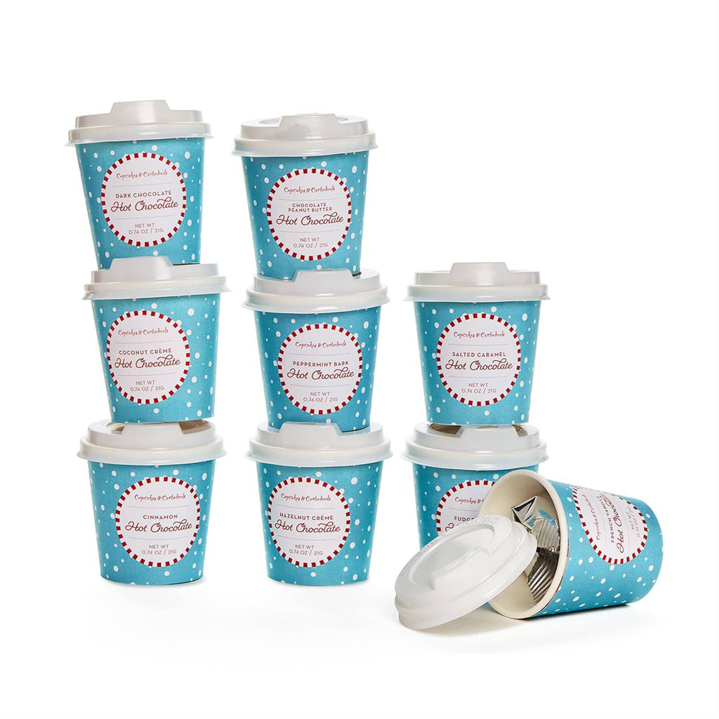 Two's Company Holiday Hot Chocolate Cups gift set, 9 mini cups with hot cocoa packets stacked.