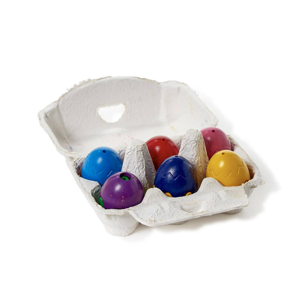 Two's Company Egg-Shaped Crayons, set of 6 shown in egg carton packaging, lid open.