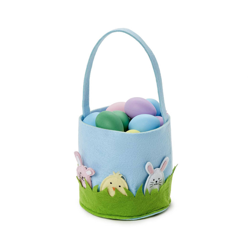 Two's Company Egg Hunt Surprise Easter Felt Basket with removable felt ornaments, front view, filled with colorful eggs.