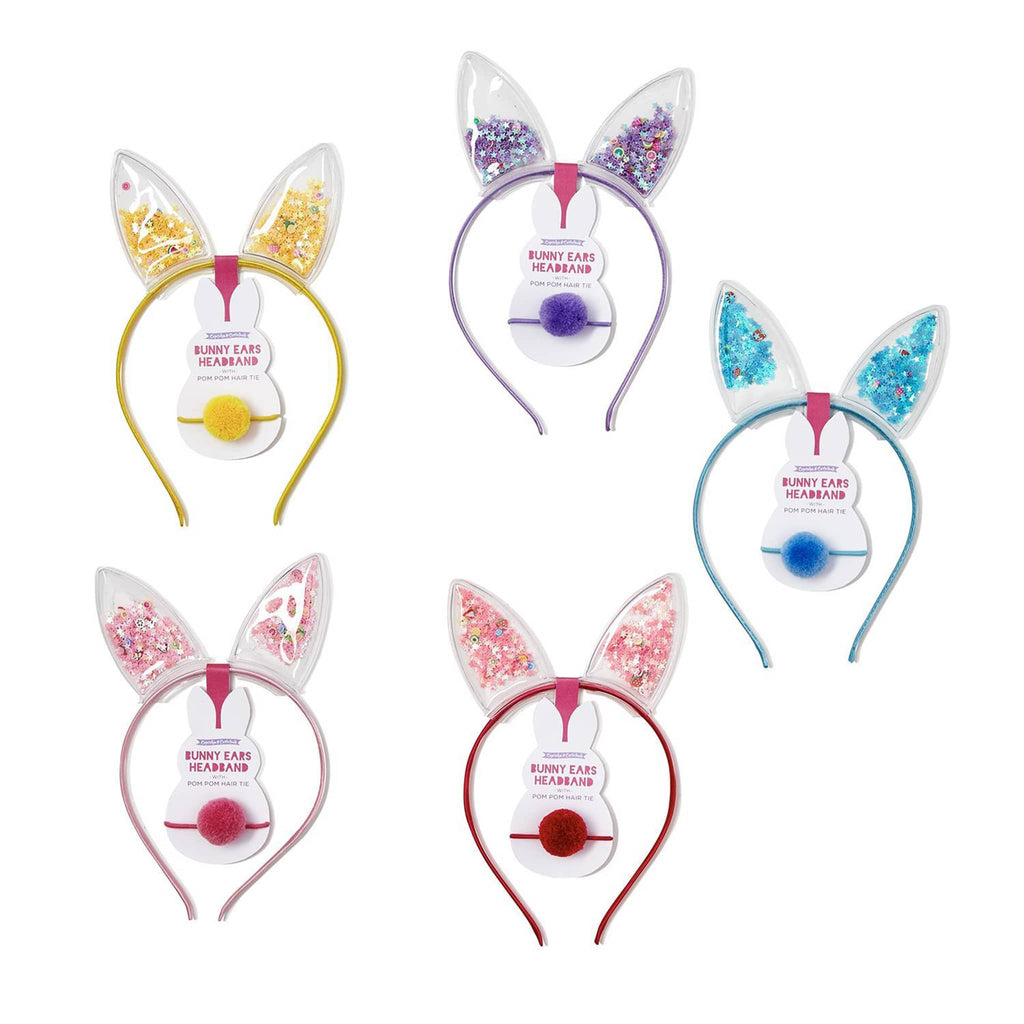 Two's Company Sequin Filled Bunny Ears Headband with Pompom Hair Tie in five colors.