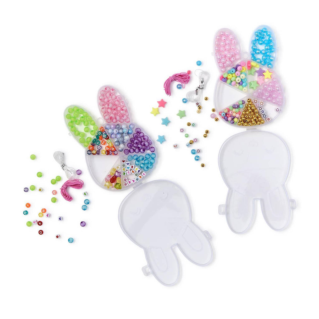 Two's Company Bunny-Shaped Bead Bracelet Craft Kit in 2 styles, shown with lids open and beads spilling out.