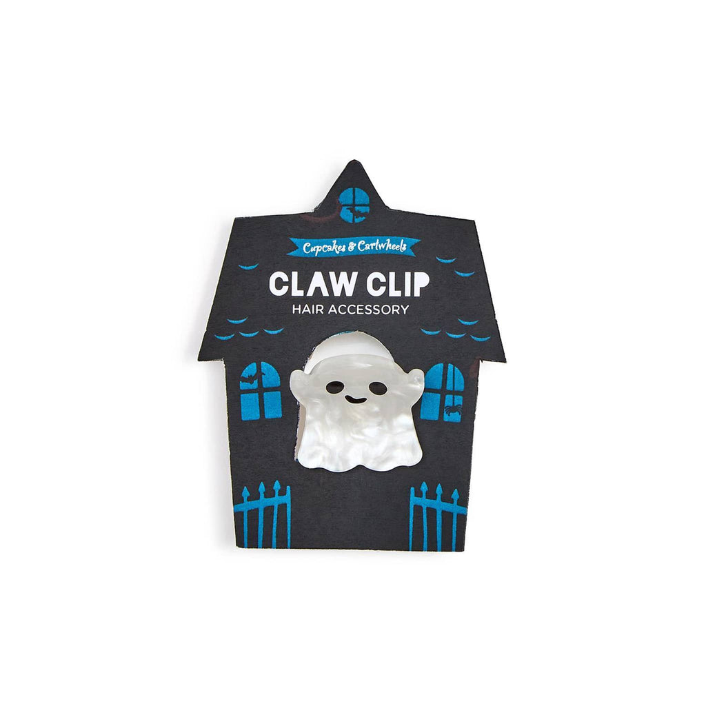 Ghost-shaped claw clip on a black house-shaped card with blue accents, on a white background.