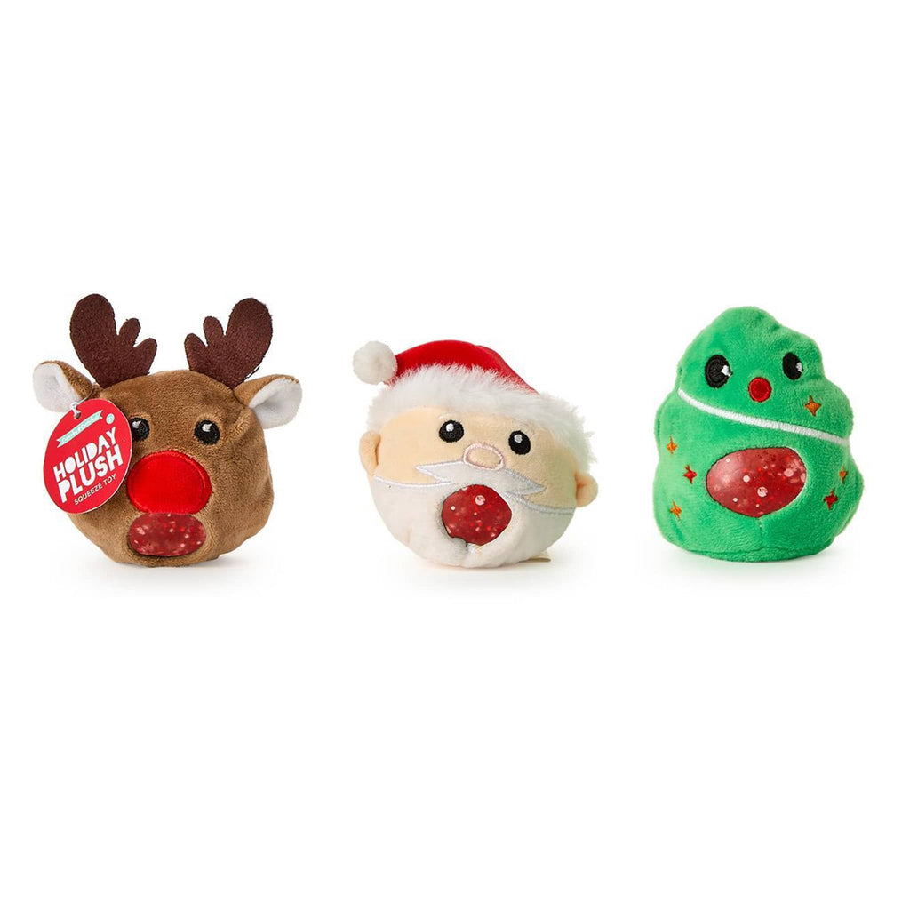 Three Christmas-themed plush glitter squish toys on a white background.
