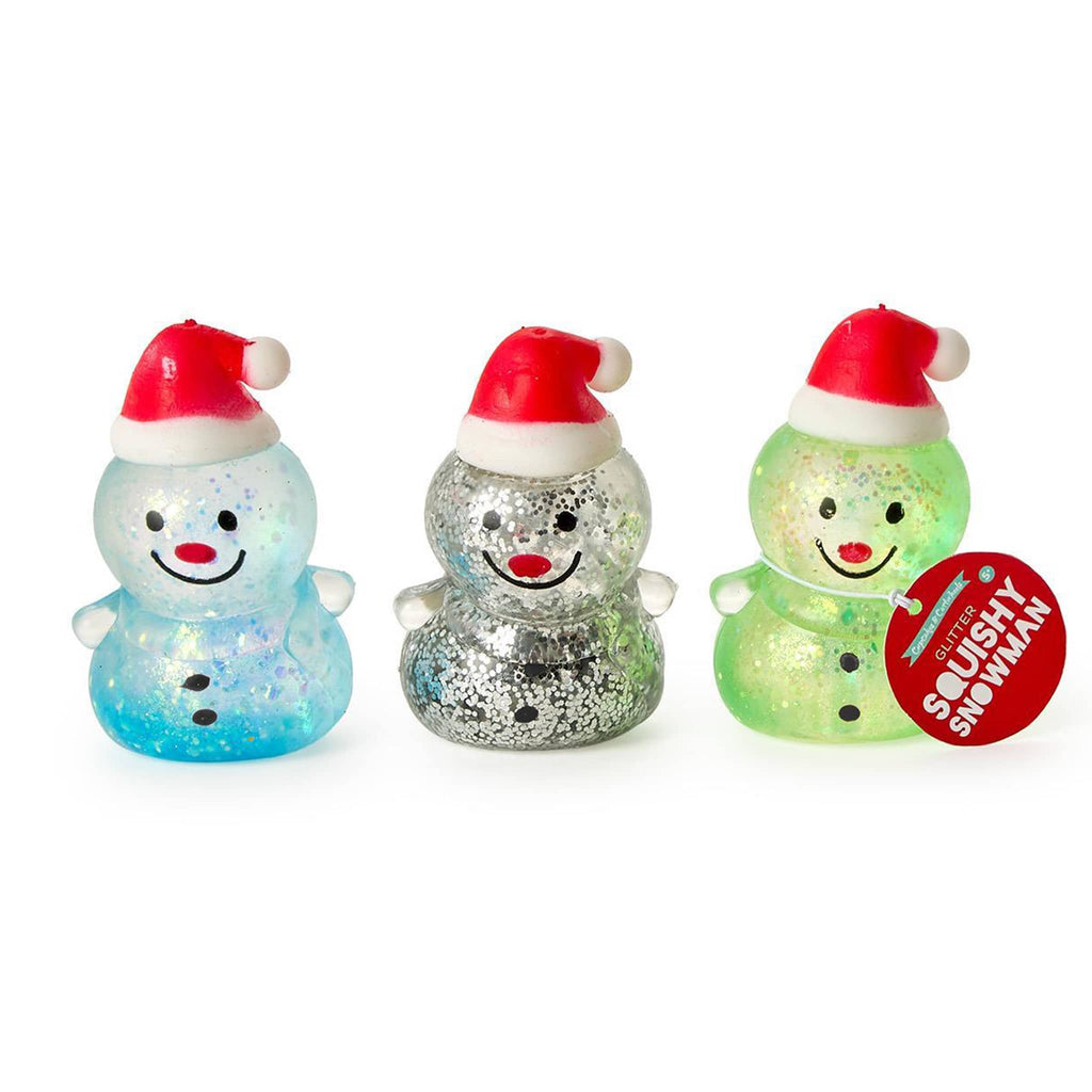 Three colorful snowman squish toys with Santa hats on a white background.